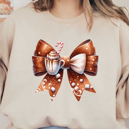 A whimsical chocolate ribbon bow featuring a cup of hot cocoa topped with whipped cream and a candy cane. dtf prints