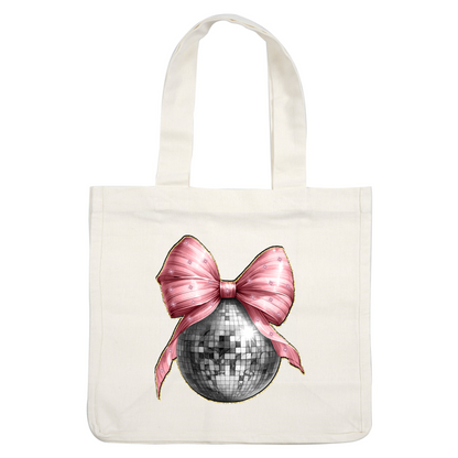 A festive disco ball adorned with a stylish pink bow, perfect for adding sparkle to any celebration!DTF Transfers heat press transfers