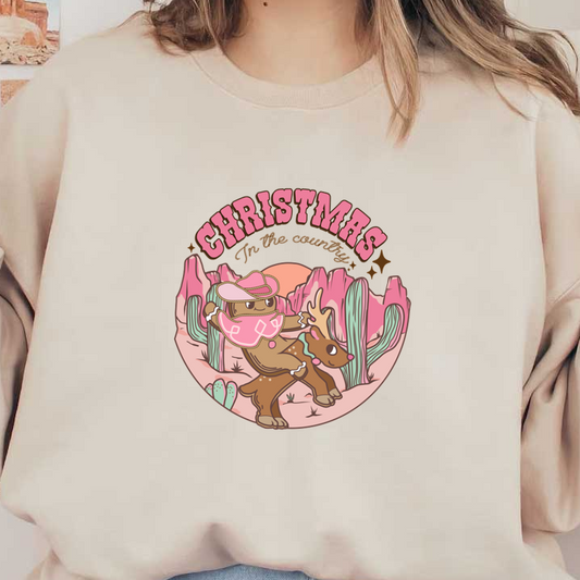 A whimsical holiday design featuring a cowboy bear and a festive deer in a colorful desert landscape, perfect for Christmas cheer.dtf regular iron