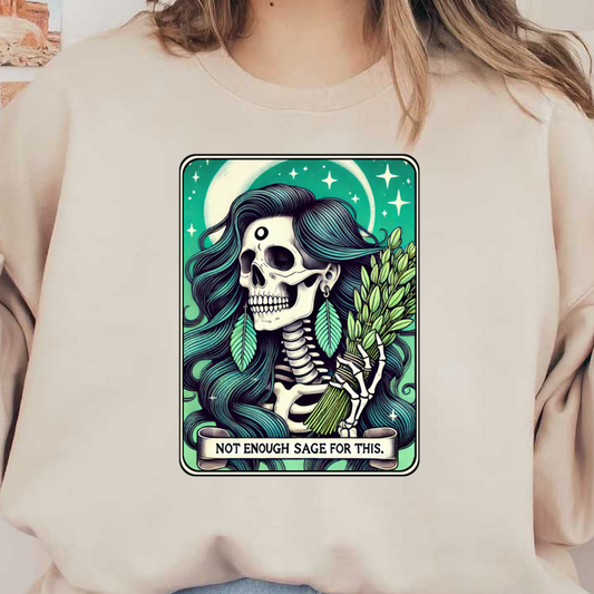 A whimsical illustration features a skeleton with flowing hair, holding sage, surrounded by stars and a crescent moon.dtf regular iron