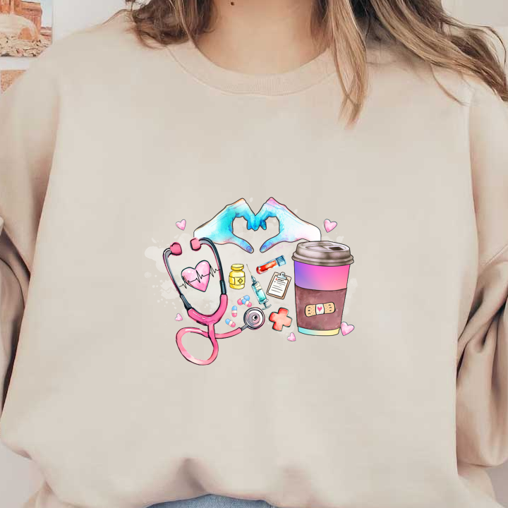 A vibrant illustration featuring hands forming a heart, surrounded by medical items, a coffee cup, and colorful hearts.DTF Transfers