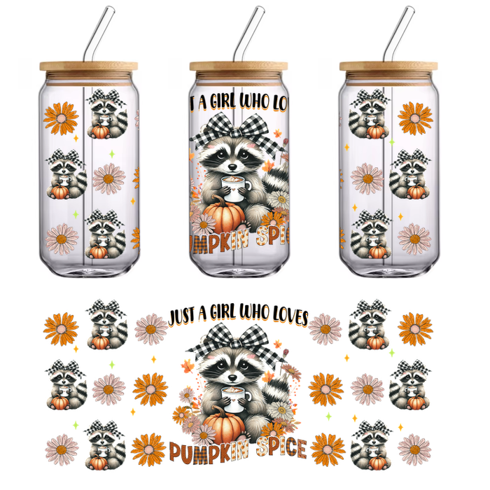 A charming autumn-themed design featuring raccoons, flowers, and a pumpkin, celebrating love for pumpkin spice with playful visuals.UV Transfers heat press transfers