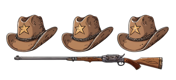 A classic cowboy ensemble featuring three brown hats with stars and a detailed vintage rifle, perfect for any western-themed setting.UV Transfers dtf prints