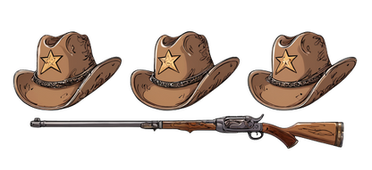 A classic cowboy ensemble featuring three brown hats with stars and a detailed vintage rifle, perfect for any western-themed setting.UV Transfers dtf prints