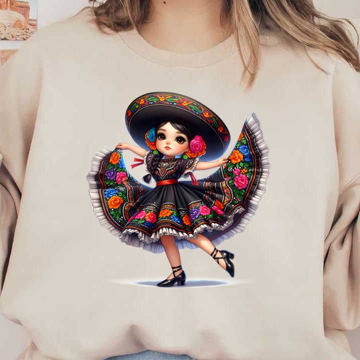 Una encantadora joven con un colorido vestido tradicional mexicano, completo con un sombrero de ala ancha y detalles florales.