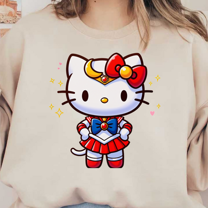 A charming character design featuring Hello Kitty dressed as a magical girl, complete with a red and blue outfit and sparkling accents.DTF Transfers dtf transfers