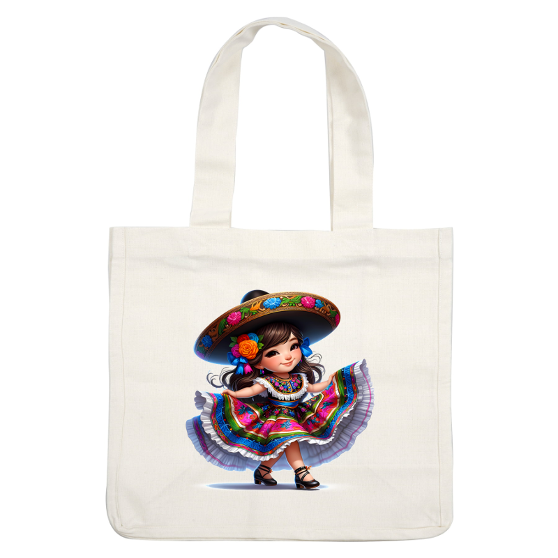 A charming young girl in a vibrant traditional Mexican dress and sombrero, showcasing colorful floral patterns and joyful spirit. dtf transfers