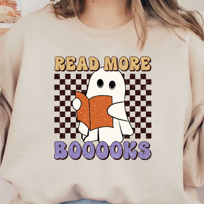 Un diseño divertido que presenta un fantasma leyendo un libro naranja y anima a todos a "¡Leer más libros!"