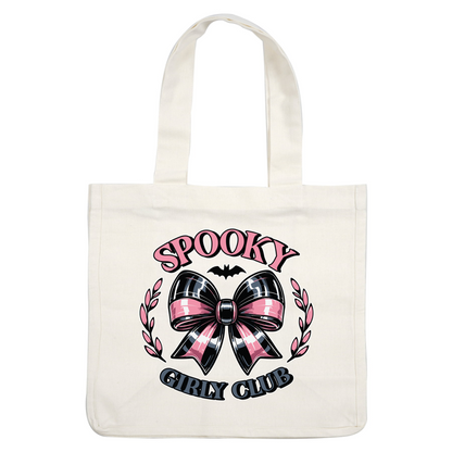 A vibrant, playful graphic featuring a black and pink bow, surrounded by decorative elements, with the text "Spooky Girly Club." dtf transfers