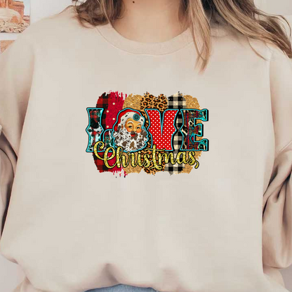 Diseño festivo que presenta "LOVE Christmas" con un alegre Papá Noel, incorporando patrones y texturas vibrantes para un ambiente festivo alegre.