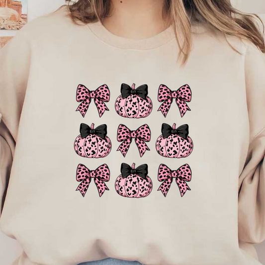 ¡Una divertida variedad de calabazas rosas con estampado de leopardo y lazos negros, perfectas para agregar un toque divertido a la decoración de otoño!