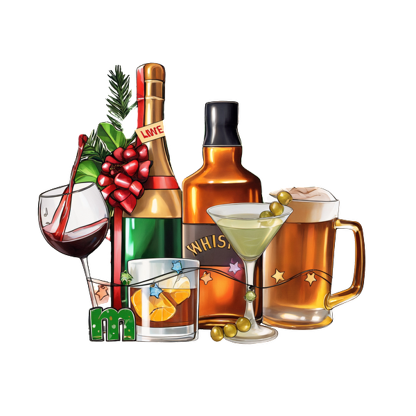 A festive assortment of beverages including wine, champagne, whiskey, a martini, and beer, perfect for any celebration. heat press transfers