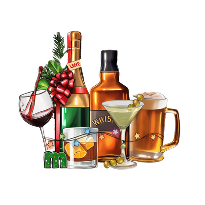 A festive assortment of beverages including wine, champagne, whiskey, a martini, and beer, perfect for any celebration. heat press transfers