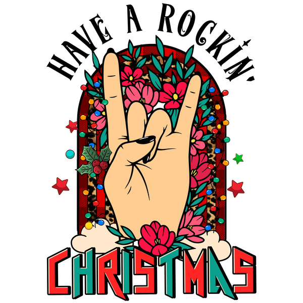 A festive design featuring a rock hand gesture surrounded by colorful flowers and holiday decorations, celebrating Christmas in style. dtf prints