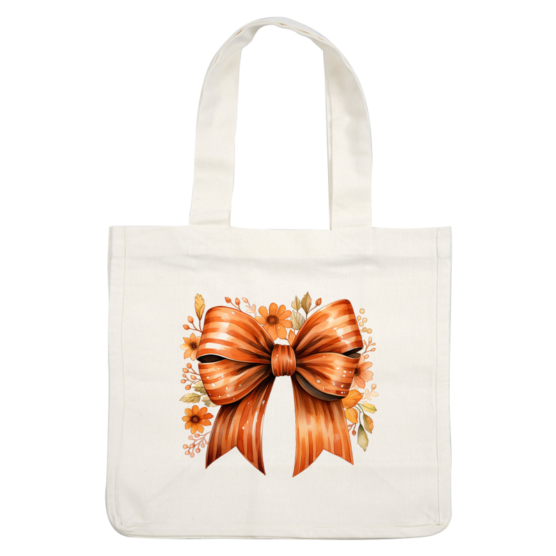 A vibrant orange ribbon bow adorned with floral accents, perfect for adding a cheerful touch to gifts or decorations. dtf prints