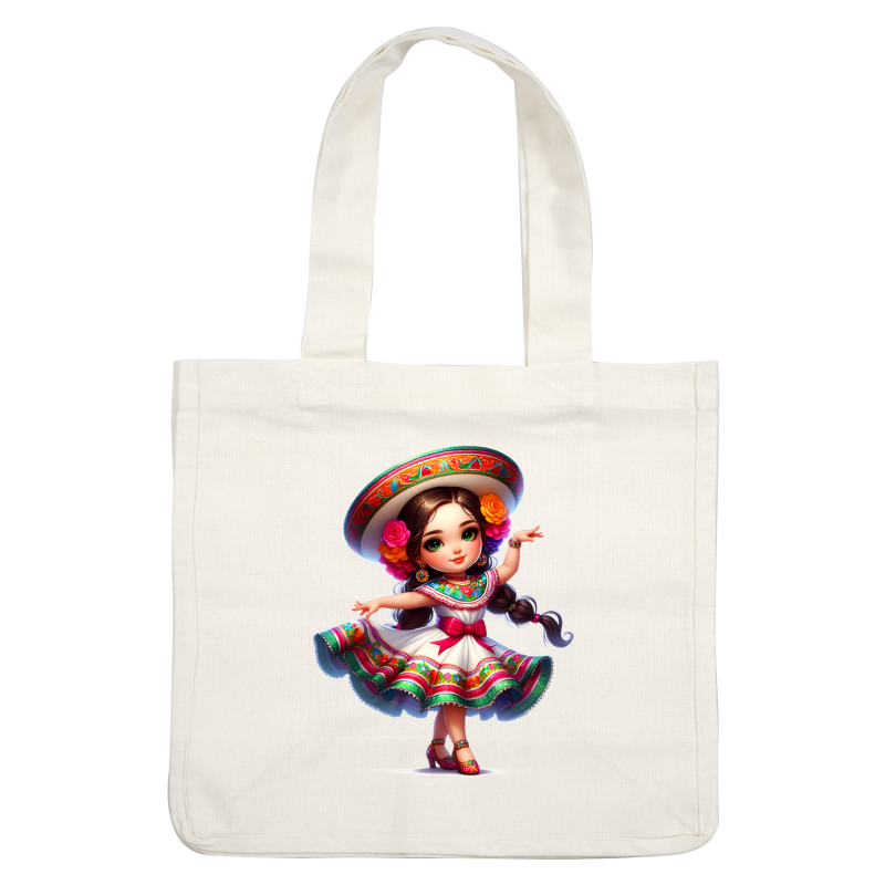 This charming doll features a traditional Mexican dress with colorful floral designs, complemented by a wide-brimmed hat and vibrant accessories.