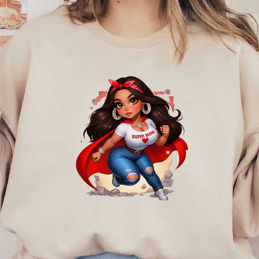 Una mamá superhéroe fuerte y elegante con una camiseta y jeans que dicen "SUPER MOM", una capa roja vibrante y un pañuelo.