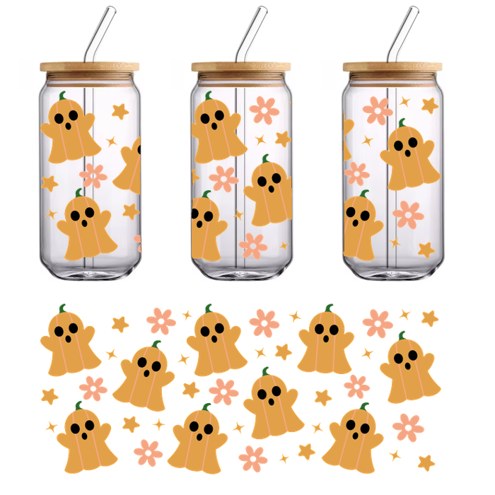 A fun and whimsical pattern featuring cute pumpkin ghosts surrounded by pink flowers and stars, perfect for Halloween decorations!UV Transfers heat press transfers