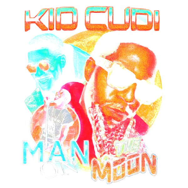 Un gráfico vibrante que presenta a Kid Cudi con elementos coloridos, promocionando su álbum "Man on the Moon" en un estilo retro. Transferencias DTF