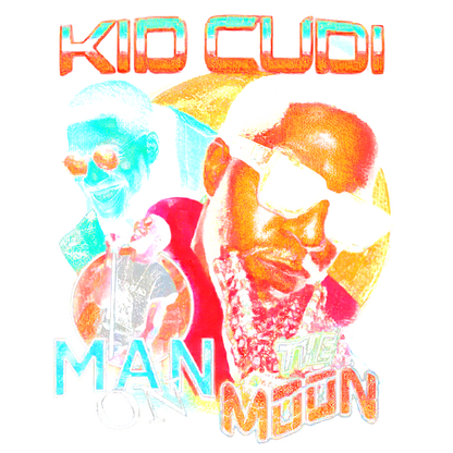 Un gráfico vibrante que presenta a Kid Cudi con elementos coloridos, promocionando su álbum "Man on the Moon" en un estilo retro. Transferencias DTF