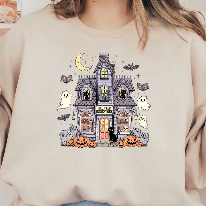 A whimsical haunted bookstore features ghosts, cats, pumpkins, and spooky decorations.DTF Transfers