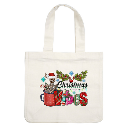 A playful design featuring a skeleton in a Santa hat, surrounded by Christmas decorations and the cheerful text "Christmas Vibes."DTF Transfers dtf prints