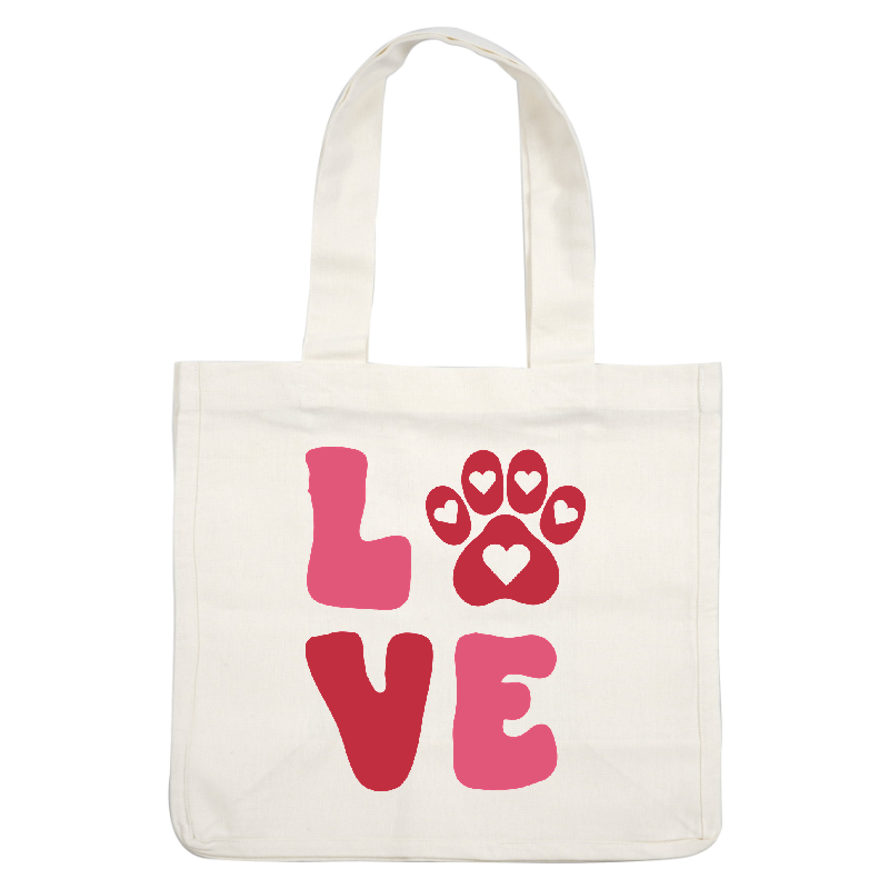 A playful design featuring the word "LOVE" in vibrant pink and red colors, complemented by a cute paw print with heart accents.DTF Transfers