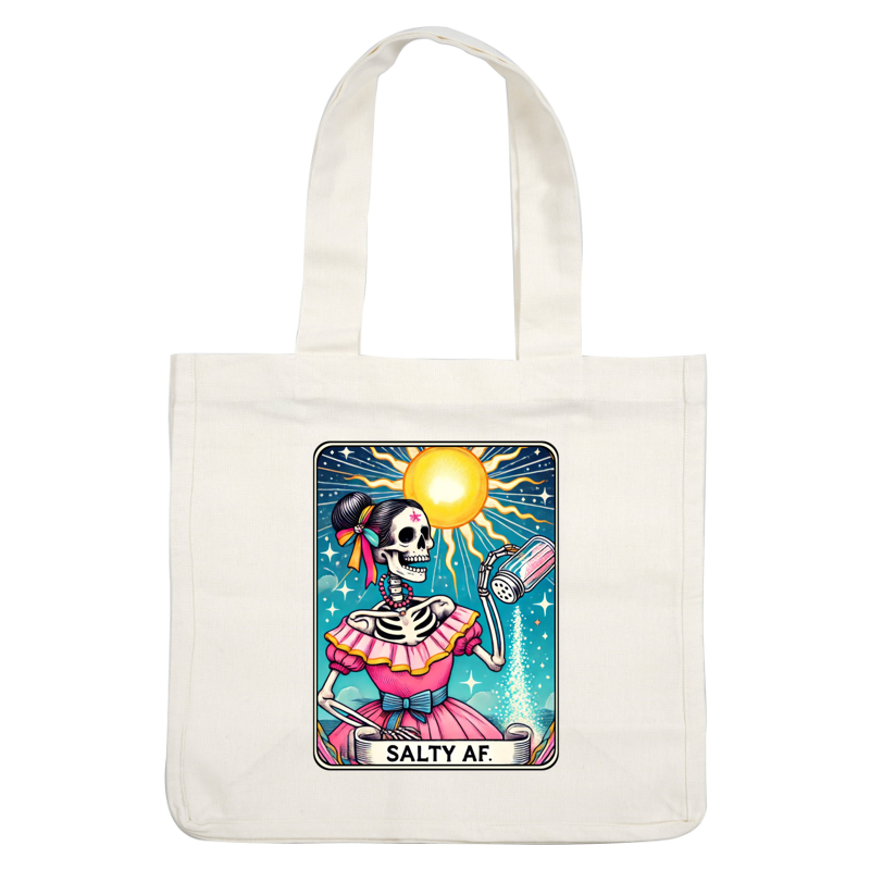 A vibrant illustration of a skeleton in a pink dress with a sun backdrop, playfully pouring salt, expressing a "Salty AF" vibe. heat press transfers