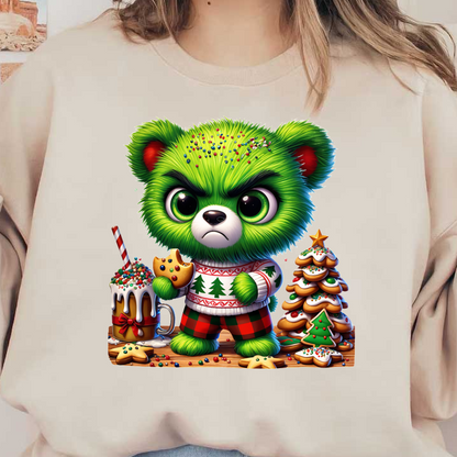 Meet the adorable yet grumpy green teddy bear, dressed in a festive sweater, holding a cookie beside holiday treats!DTF Transfers dtf transfers