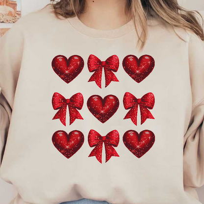 A vibrant collection of shiny red hearts and bows, embellished with sparkling details, perfect for celebrating love and special occasions.DTF Transfers