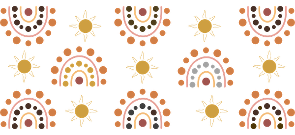 Un patrón vibrante que presenta motivos de sol coloridos y diseños de arcoíris en tonos cálidos sobre un fondo oscuro. Transferencias UV