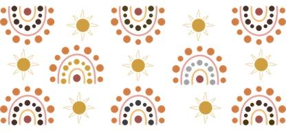 Un patrón vibrante que presenta motivos de sol coloridos y diseños de arcoíris en tonos cálidos sobre un fondo oscuro. Transferencias UV