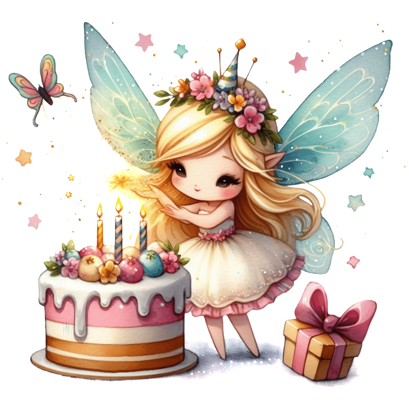 A whimsical fairy with sparkling wings and a flower crown celebrates beside a colorful birthday cake and a gift.DTF Transfers