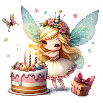 A whimsical fairy with sparkling wings and a flower crown celebrates beside a colorful birthday cake and a gift.DTF Transfers