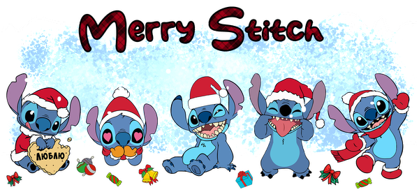 Celebrate the season with this playful "Merry Stitch" design featuring Stitch in festive Santa hats, surrounded by holiday gifts!UV Transfersdtf regular iron