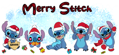 Celebrate the season with this playful "Merry Stitch" design featuring Stitch in festive Santa hats, surrounded by holiday gifts!UV Transfersdtf regular iron