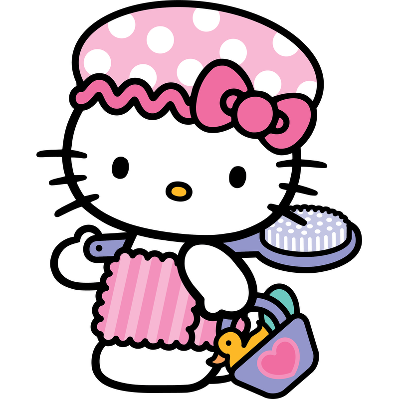 Adorable Hello Kitty is ready for fun with her pink polka dot hat, apron, and a basket featuring a cute duckling!DTF Transfers