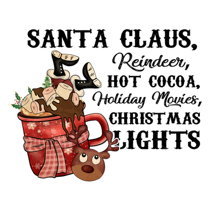 A festive red mug overflowing with hot chocolate, marshmallows, and a cute reindeer face, perfect for holiday cheer! heat press transfers