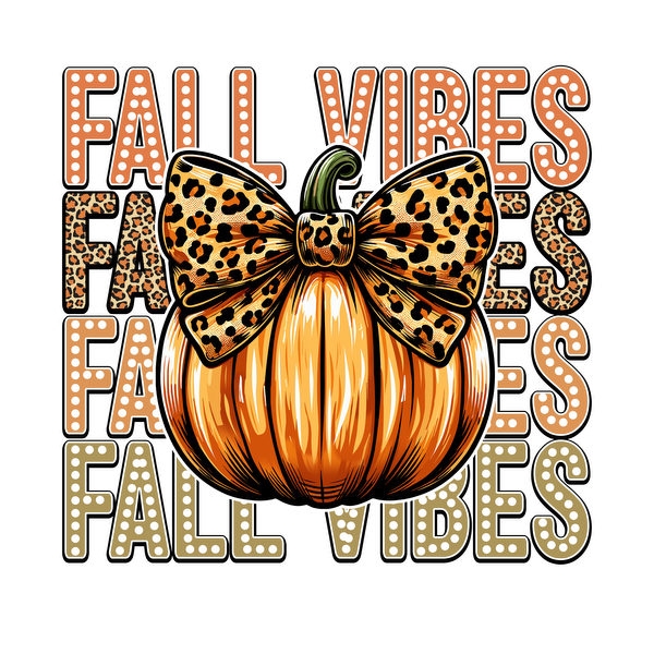 A vibrant orange pumpkin with a leopard print bow, featuring "Fall Vibes" text in the background for seasonal charm. dtf prints