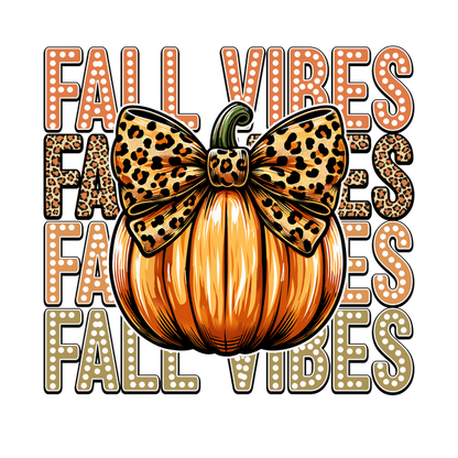 A vibrant orange pumpkin with a leopard print bow, featuring "Fall Vibes" text in the background for seasonal charm. dtf prints