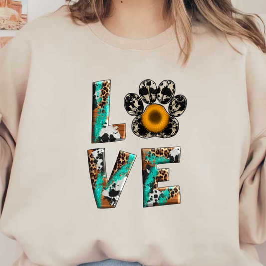 A vibrant "LOVE" design featuring colorful letters with animal print, adorned with a cheerful flower at the top.DTF Transfers heat press transfers