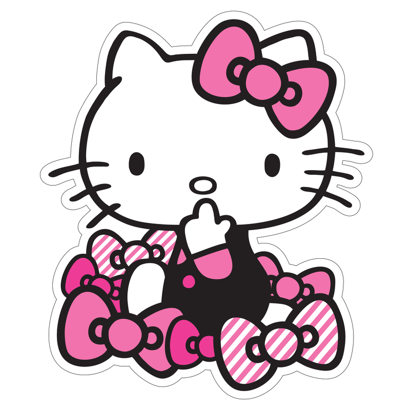 A playful illustration of Hello Kitty surrounded by colorful bows, showcasing her iconic design with a cheerful black and pink outfit.DTF Transfers