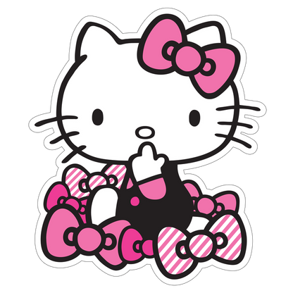 A playful illustration of Hello Kitty surrounded by colorful bows, showcasing her iconic design with a cheerful black and pink outfit.DTF Transfers