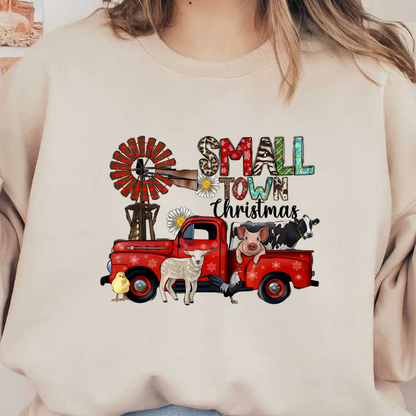 This charming illustration features a vintage red truck surrounded by playful farm animals and a whimsical "SMALL TOWN" design.DTF Transfers