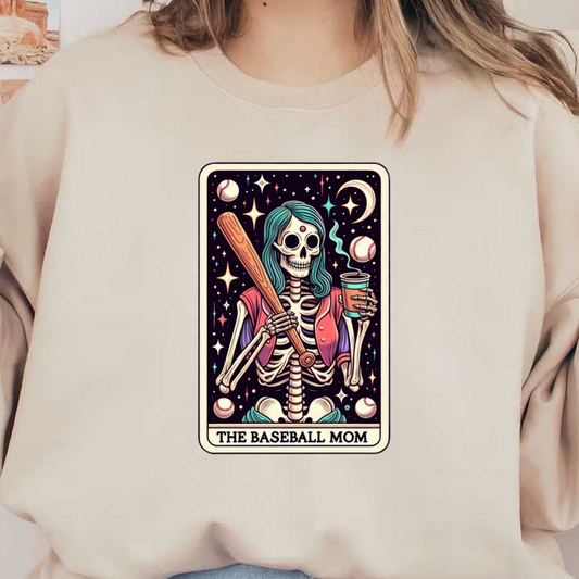 A vibrant illustration of a skeleton in a baseball mom outfit, holding a bat and drink against a cosmic backdrop. dtf transfers