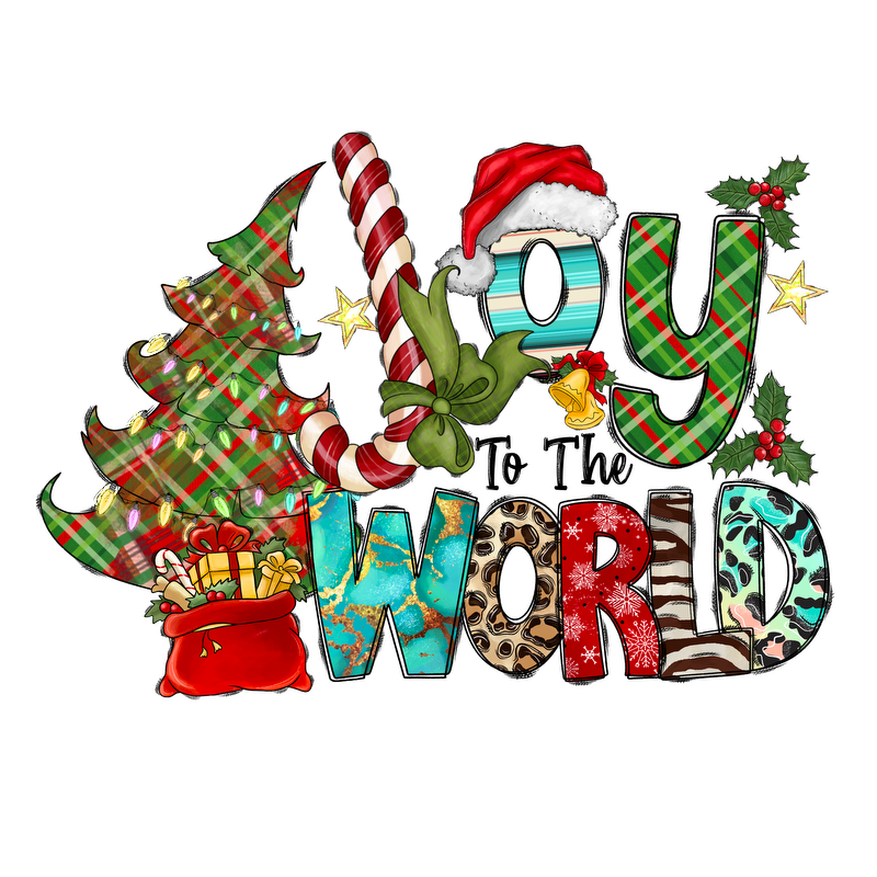 A festive design featuring "Joy to the World" with colorful letters, a Christmas tree, candy cane, gifts, and holly accents.DTF Transfers