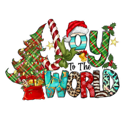 A festive design featuring "Joy to the World" with colorful letters, a Christmas tree, candy cane, gifts, and holly accents.DTF Transfers