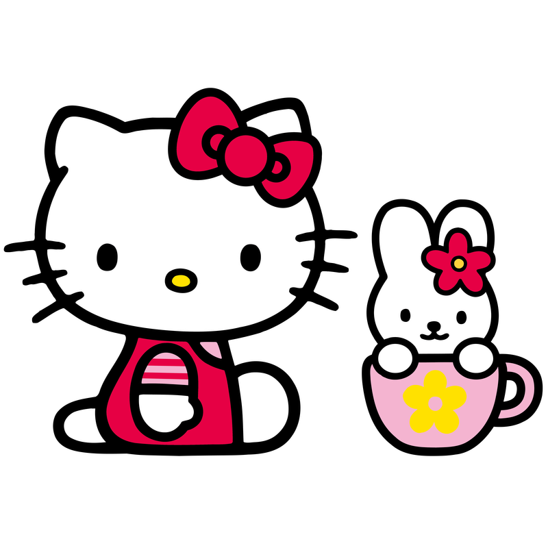 A cute illustration featuring Hello Kitty in a red outfit with a bow, alongside a bunny in a pink cup.DTF Transfers