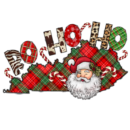 A festive illustration featuring Santa Claus with playful "Ho Ho Ho" text and a vibrant plaid background, perfect for holiday cheer.DTF Transfers dtf transfers