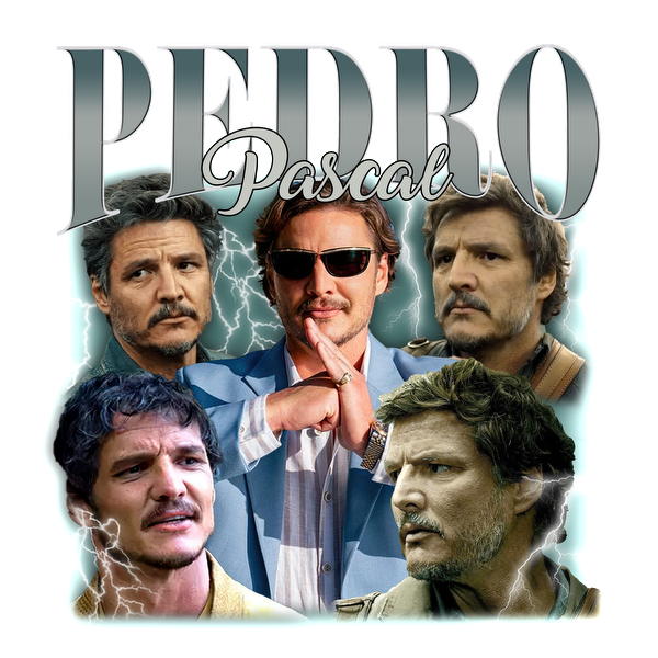 Un collage vibrante de los looks icónicos de Pedro Pascal, que muestra sus personajes versátiles en un diseño llamativo con texto en negrita. Transferencias DTF